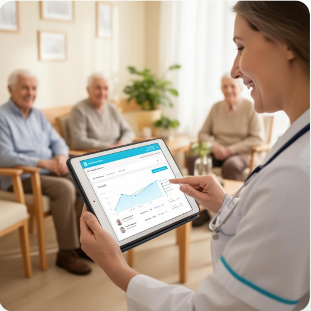 Profesional de la salud usando el software MediEyrol en una tablet dentro de una residencia